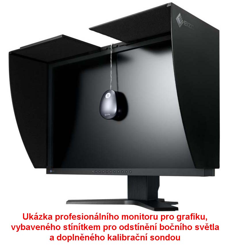 Ukzka profesionlnho monitoru pro grafiku, vybavenho stntkem pro odstnn bonho svtla a doplnnho kalibran sondou